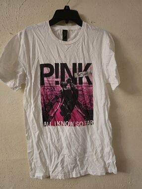 Gildan White Short Sleeve Tee with Pink and Black P!NK Graphic